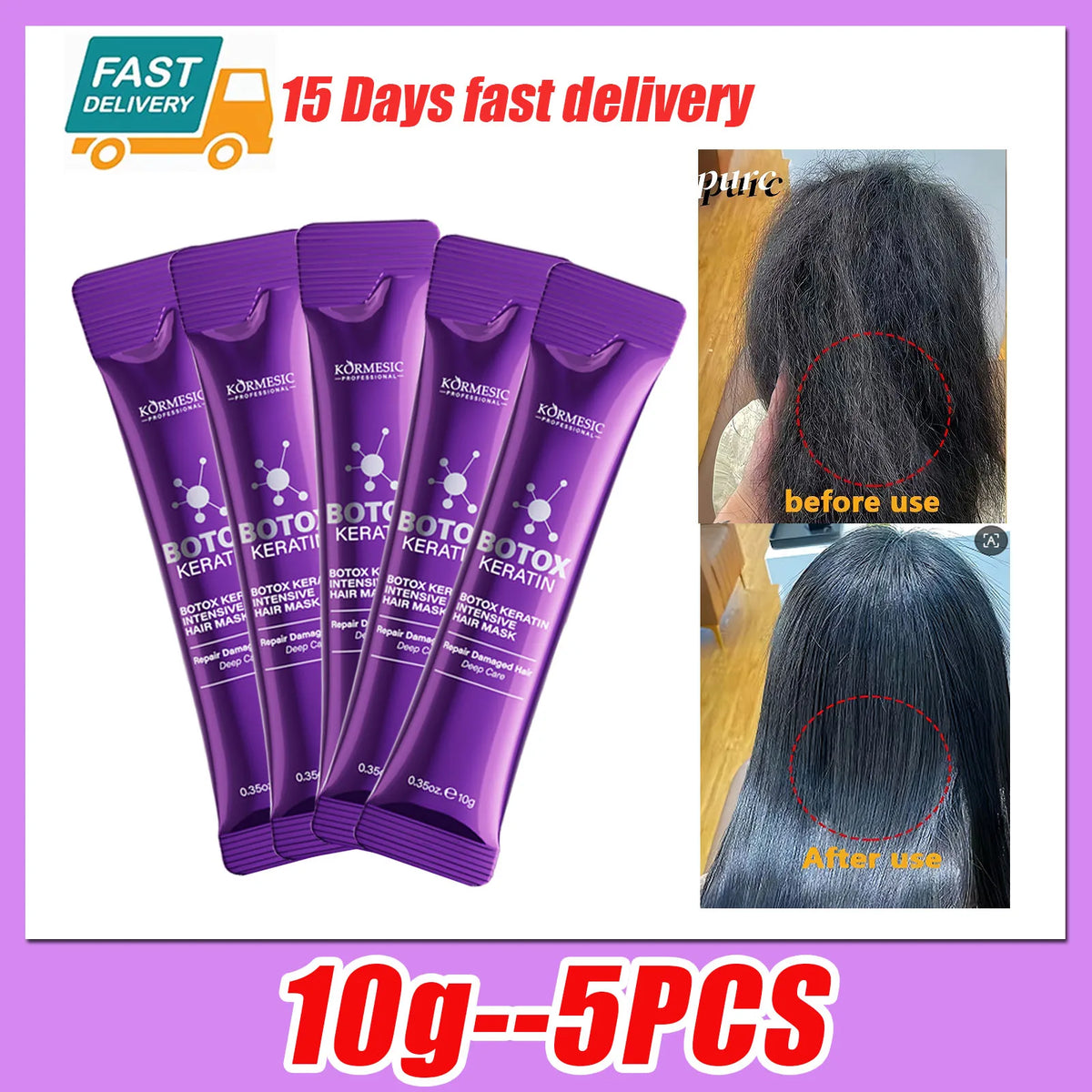 Máscara Capilar de Queratina em Sachês – Reparação Rápida para Cabelo com Frizz e Danificado