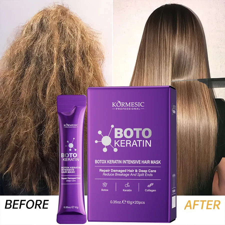Máscara Capilar de Queratina em Sachês – Reparação Rápida para Cabelo com Frizz e Danificado