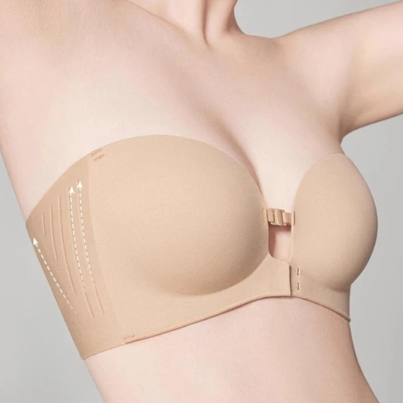 Sutiã Sem Alças com Fecho Frontal – Sem Costura, Push-Up e Bojo Espesso para Mais Sustentação