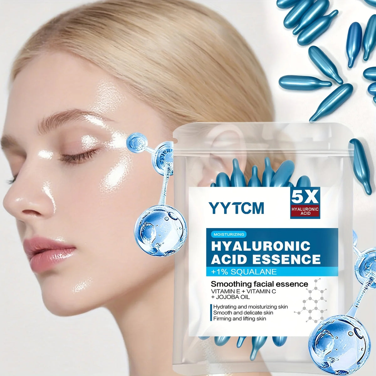 Essência Facial em Cápsulas com Ácido Hialurônico – Hidratação Profunda e Luminosidade, Dose Única