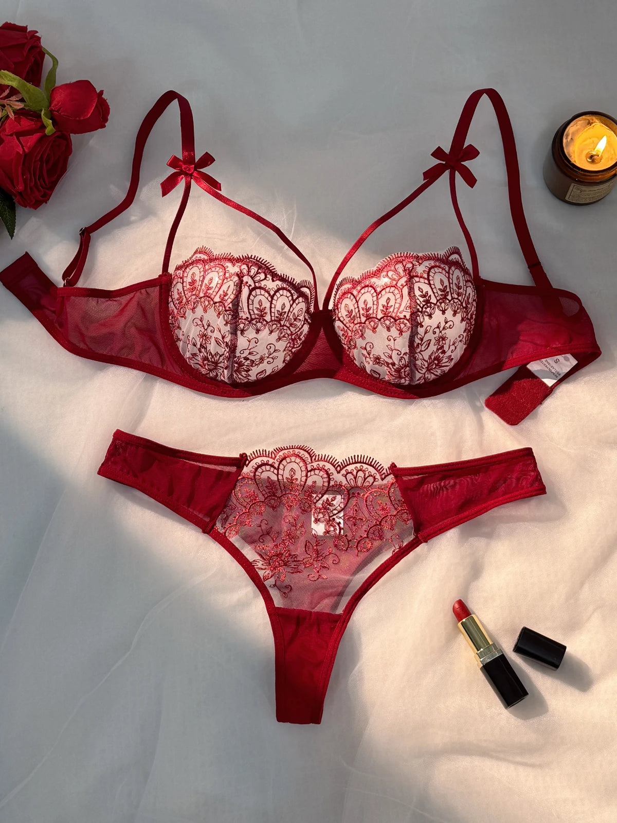 Conjunto de Lingerie 2 Peças Renda Semitransparente – Push Up Meia-Taça com Laço (P ao GG)