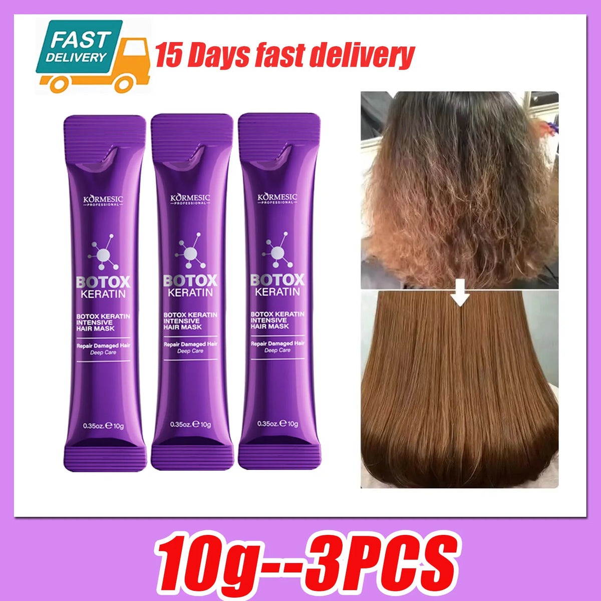 Máscara Capilar de Queratina em Sachês – Reparação Rápida para Cabelo com Frizz e Danificado