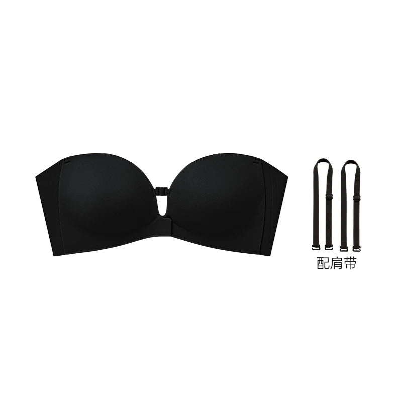 Sutiã Sem Alças com Fecho Frontal – Sem Costura, Push-Up e Bojo Espesso para Mais Sustentação