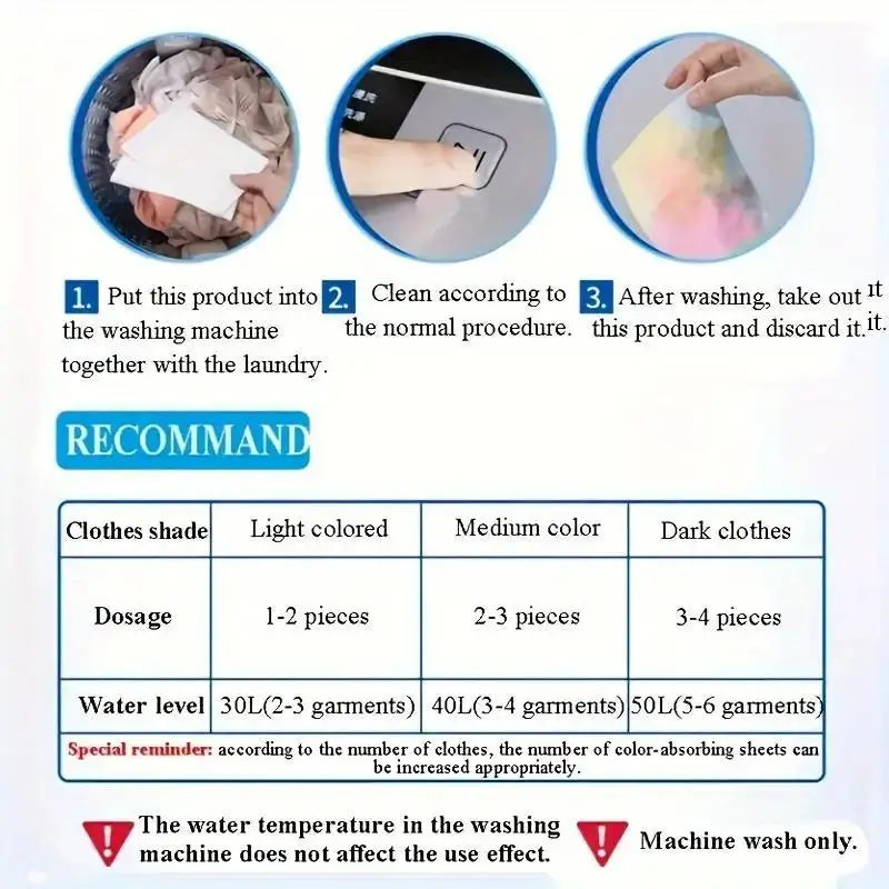 Folhas Anti-Transferência de Cor para Lavanderia – Protege Roupas na Lavagem Mista, Kit 50 Unidades