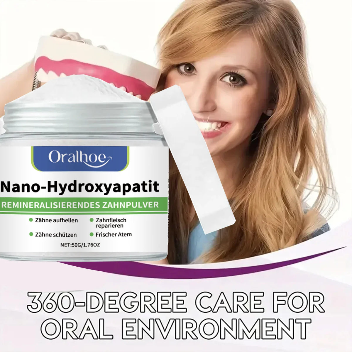 Pó Dental Branqueador com 10% de Hidroxiapatita – Remineralizante, Sabor Menta Gelada