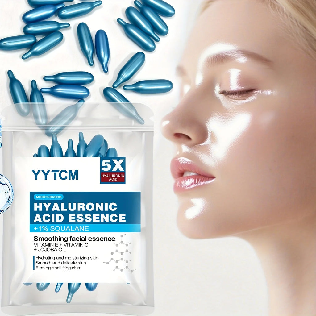 Essência Facial em Cápsulas com Ácido Hialurônico – Hidratação Profunda e Luminosidade, Dose Única