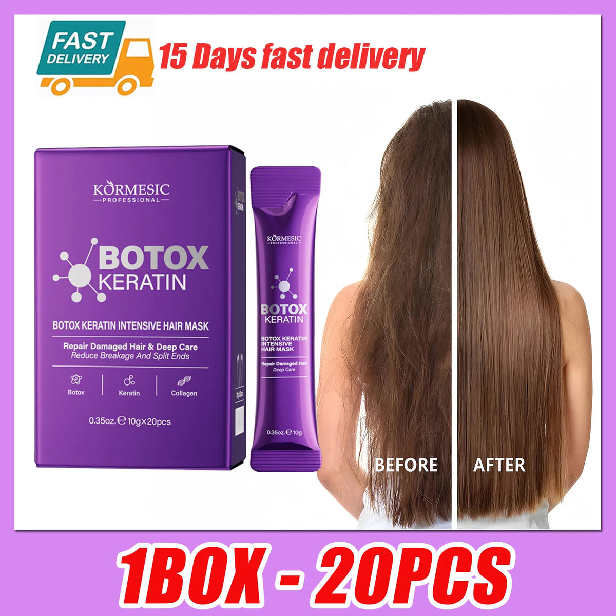 Máscara Capilar de Queratina em Sachês – Reparação Rápida para Cabelo com Frizz e Danificado