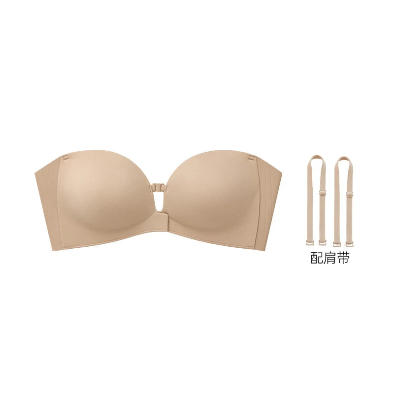 Sutiã Sem Alças com Fecho Frontal – Sem Costura, Push-Up e Bojo Espesso para Mais Sustentação