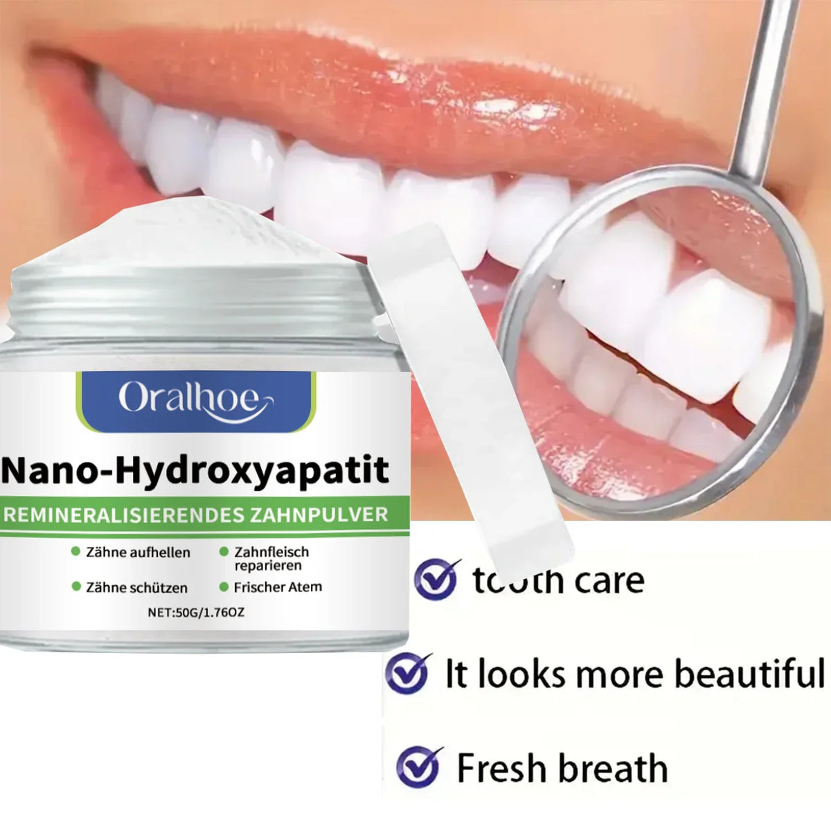 Pó Dental Branqueador com 10% de Hidroxiapatita – Remineralizante, Sabor Menta Gelada