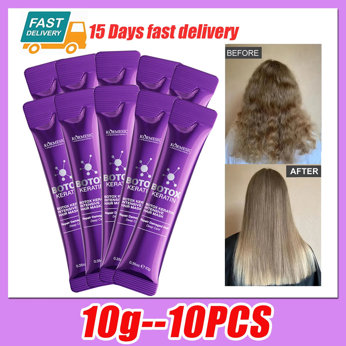 Máscara Capilar de Queratina em Sachês – Reparação Rápida para Cabelo com Frizz e Danificado