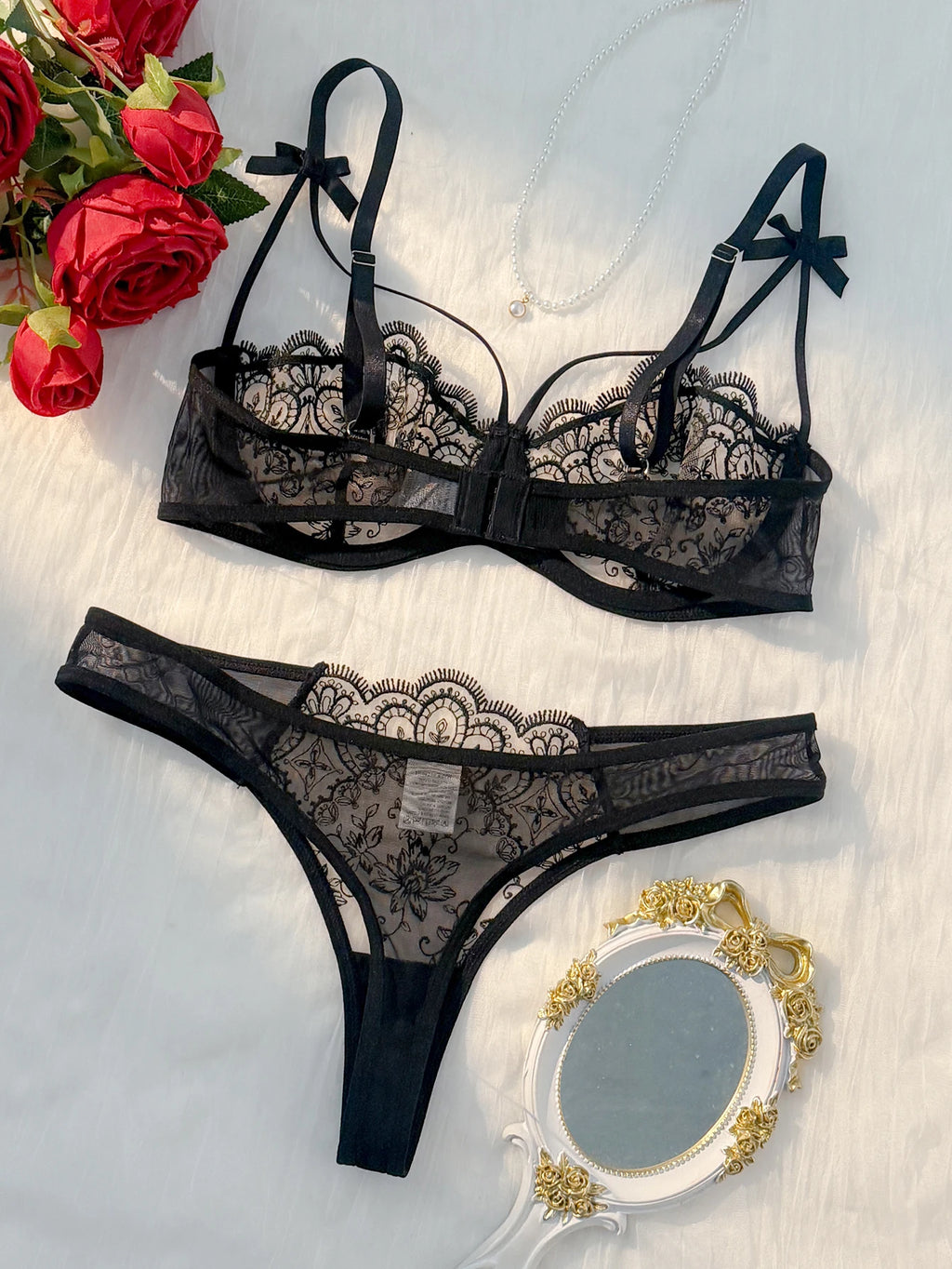 Conjunto de Lingerie 2 Peças Renda Semitransparente – Push Up Meia-Taça com Laço (P ao GG)
