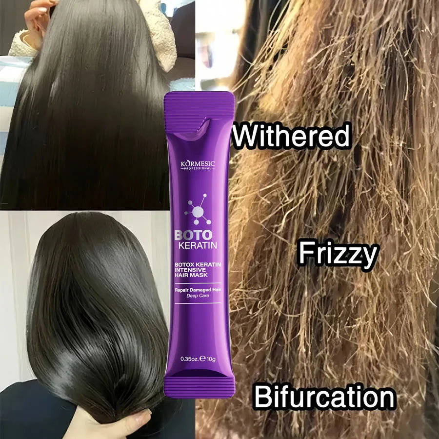 Máscara Capilar de Queratina em Sachês – Reparação Rápida para Cabelo com Frizz e Danificado